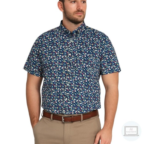 J Crew Mens Slim Fit Short Sleeve Cotton Poplin Shirt Blue Ditzy Floral Size XXL - Picture 1 of 14